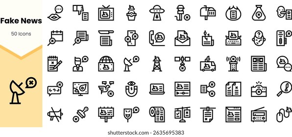 A collection of icons representing themes of fake news, including media, technology, and misinformation in a minimalist black design.
