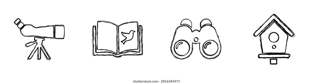 A collection of icons representing tools for bird watching, including a telescope, field guide, binoculars, and birdhouse