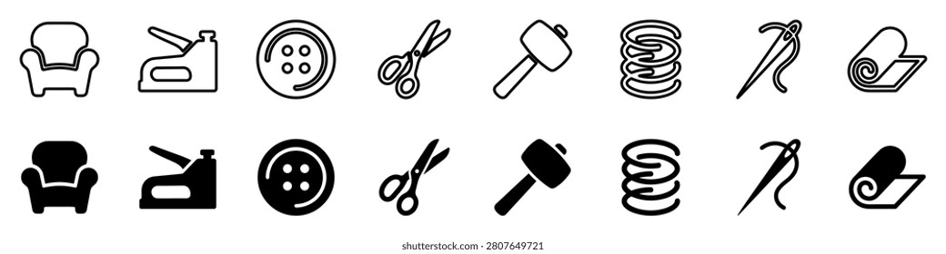 A collection of icons representing tools and materials used in upholstery work, including chairs, staplers, buttons, scissors, hammers, springs, needles, and fabric rolls