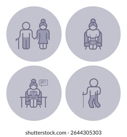 Collection of icons representing various activities related to elderly care, including companionship, crafting, digital communication, and outdoor walking
