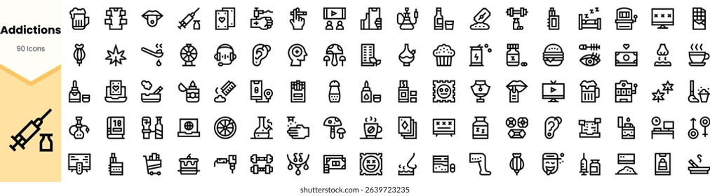 A collection of icons representing various addictions, including substances, activities, and health-related themes, in a clean, minimalist style.