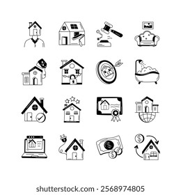 A collection of icons representing various aspects of real estate, including homeownership, renovation, legal processes, property search, security, luxury, and online transactions