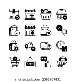 Collection of icons representing various aspects of online shopping, including delivery, stores, shopping bags, baskets, customer feedback, and security