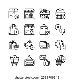 Collection of icons representing various aspects of online shopping, including delivery, stores, shopping bags, baskets, customer feedback, and security
