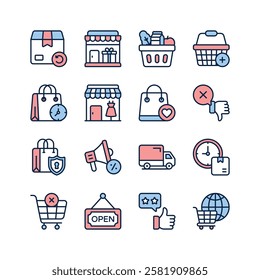Collection of icons representing various aspects of online shopping, including delivery, stores, shopping bags, baskets, customer feedback, and security