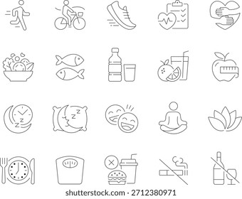 A collection of icons representing various aspects of a healthy lifestyle, including fitness, nutrition, and wellness activities.