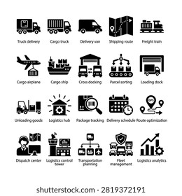 A collection of icons representing various aspects of logistics and transportation industry.
