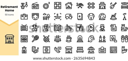 A collection of icons representing various aspects of retirement home life, including activities, health care, and leisure.