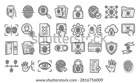 A collection of icons representing various aspects of biometric identification and security, including fingerprints, hand scans, eye scans, and digital locks.