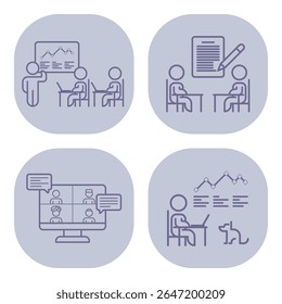 Collection of icons representing various business activities, including presentations, signing contract, virtual meetings, and data analysis, ideal for corporate use and design projects