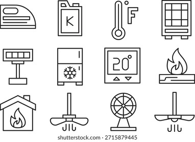 Collection of icons representing various climate control systems isolated on transparent background
