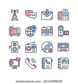 A collection of icons representing various communication and media technologies, from vintage to modern