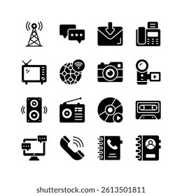 A collection of icons representing various communication and media technologies, from vintage to modern