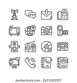 A collection of icons representing various communication and media technologies, from vintage to modern