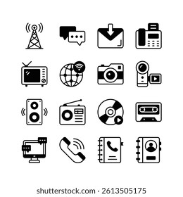 A collection of icons representing various communication and media technologies, from vintage to modern