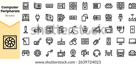 A collection of icons representing various computer peripherals, showcasing devices like monitors, keyboards, and printers in a minimalist black-and-white design.