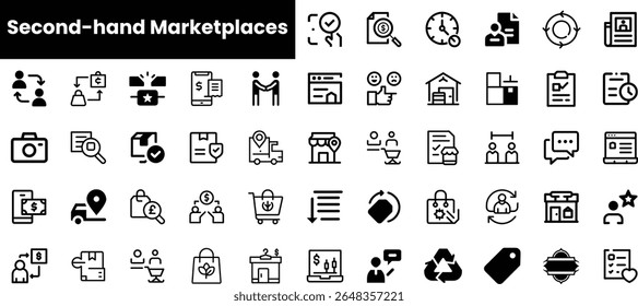 A collection of icons representing various concepts related to second-hand marketplaces, including transactions, user interactions, and recycling, showcasing a modern digital approach.