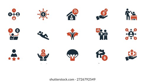 Colección de íconos que representan varios conceptos e ideas en negocios y tecnología vistos desde una perspectiva directa