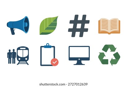 Colección de íconos que representan varios conceptos, incluidos el anuncio público, la naturaleza, las redes sociales, la educación y el transporte.