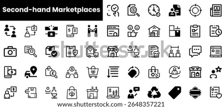 A collection of icons representing various concepts related to second-hand marketplaces, including transactions, user interactions, and recycling, showcasing a modern digital approach.