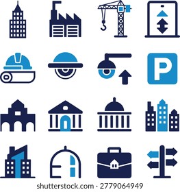 Collection of icons representing various construction industry elements and urban infrastructure symbols