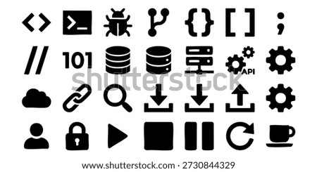 A collection of icons representing various digital concepts and actions displayed on a clean white background from a straightforward viewpoint