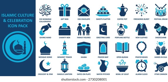 A collection of icons representing various elements of Islamic culture and celebration. Includes symbols like mosque, lantern, and prayer beads, ideal for festive themes.