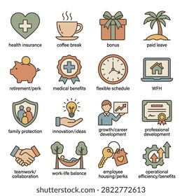 A collection of icons representing various employee benefits and workplace perks including health insurance, coffee break, bonus, and WFH.