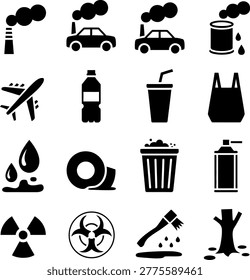 Collection of icons representing various environmental pollution sources and hazards