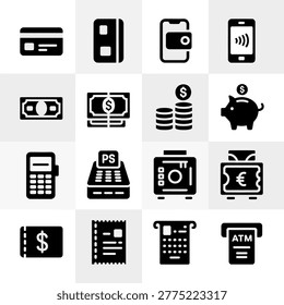 Collection of icons representing various financial tools and payment methods for business presentations and websites
