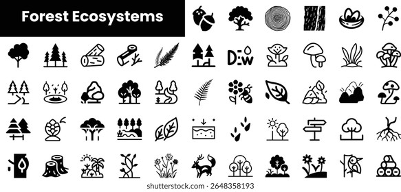 Uma coleção de ícones representando vários ecossistemas florestais, incluindo árvores, plantas e elementos da vida selvagem em um design minimalista em preto e branco.