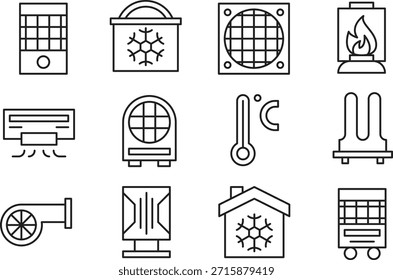 Colección de iconos que representan varios sistemas de calefacción y refrigeración aislados sobre fondo transparente