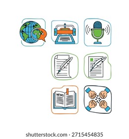 Uma coleção de ícones que representam vários meios de comunicação e ferramentas de comunicação para o compartilhamento global de notícias e informações.