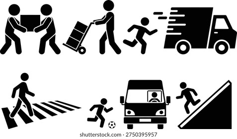 A collection of icons representing various moving and transportation activities