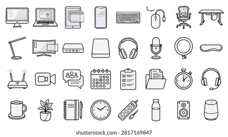 A collection of icons representing various office and technology items, including computers, peripherals, communication tools, and office supplies, arranged in a grid.
