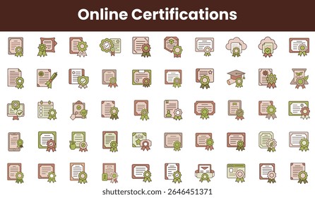 A collection of icons representing various online certifications. Each icon features distinct designs, showcasing achievement and education in a modern format.