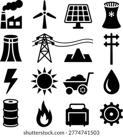 Collection of icons representing various renewable energy sources and industrial energy production methods