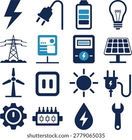 Collection of icons representing various renewable energy sources and electrical components for modern technology projects