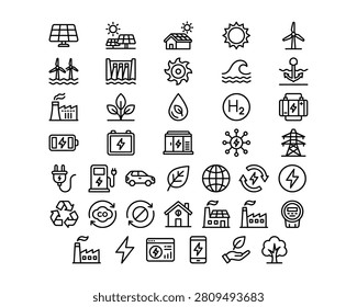 Collection of icons representing various renewable energy and ecofriendly technology sources