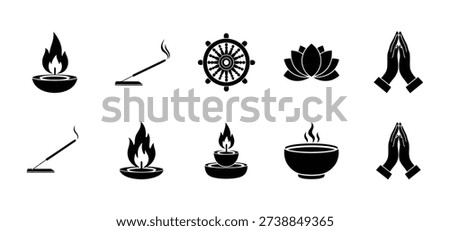A collection of icons representing various symbols associated with International Women's Day, including candles, prayer, and traditional Indian elements.