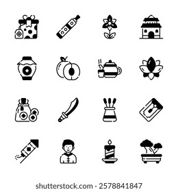 A collection of icons representing various traditions and symbols associated with Chinese New Year.