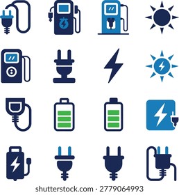 Collection of icons representing various types of electric charging and energy sources for modern technology applications