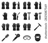 A collection of icons representing various welding and safety equipment including gloves hammers and masks