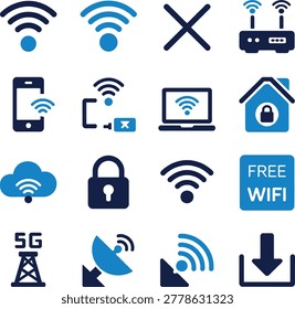 Collection of icons representing various wireless network and internet connection concepts and symbols