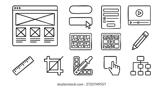 A collection of icons representing web design elements and tools outlined in black on a white background