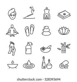 Collection of icons representing wellness, relaxation, cosmetics and healthy lifestyle