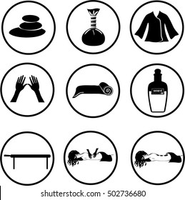 Collection of icons representing wellness, relaxation, massage and spa in black and white color