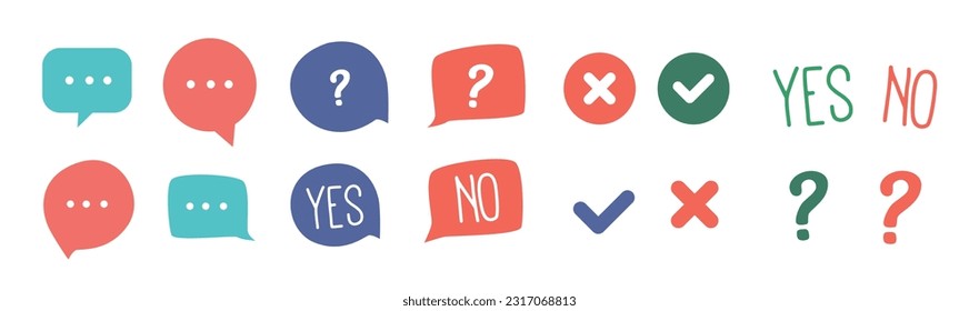 Collection Of Icons Representing Yes And No Symbols. Check And Cross Signs Or Marks, Speech Bubbles, Vector Illustration