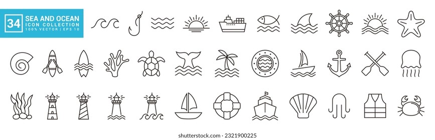 Collection icons of sea and beach, marine animals, marine vehicles, waves, editable and resizable EPS 10.