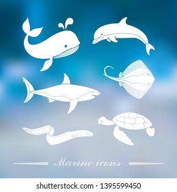Collection of icons of sea inhabitants in flat style. Whale, Dolphin, Stingray, turtle on the Colorful background with defocused lights